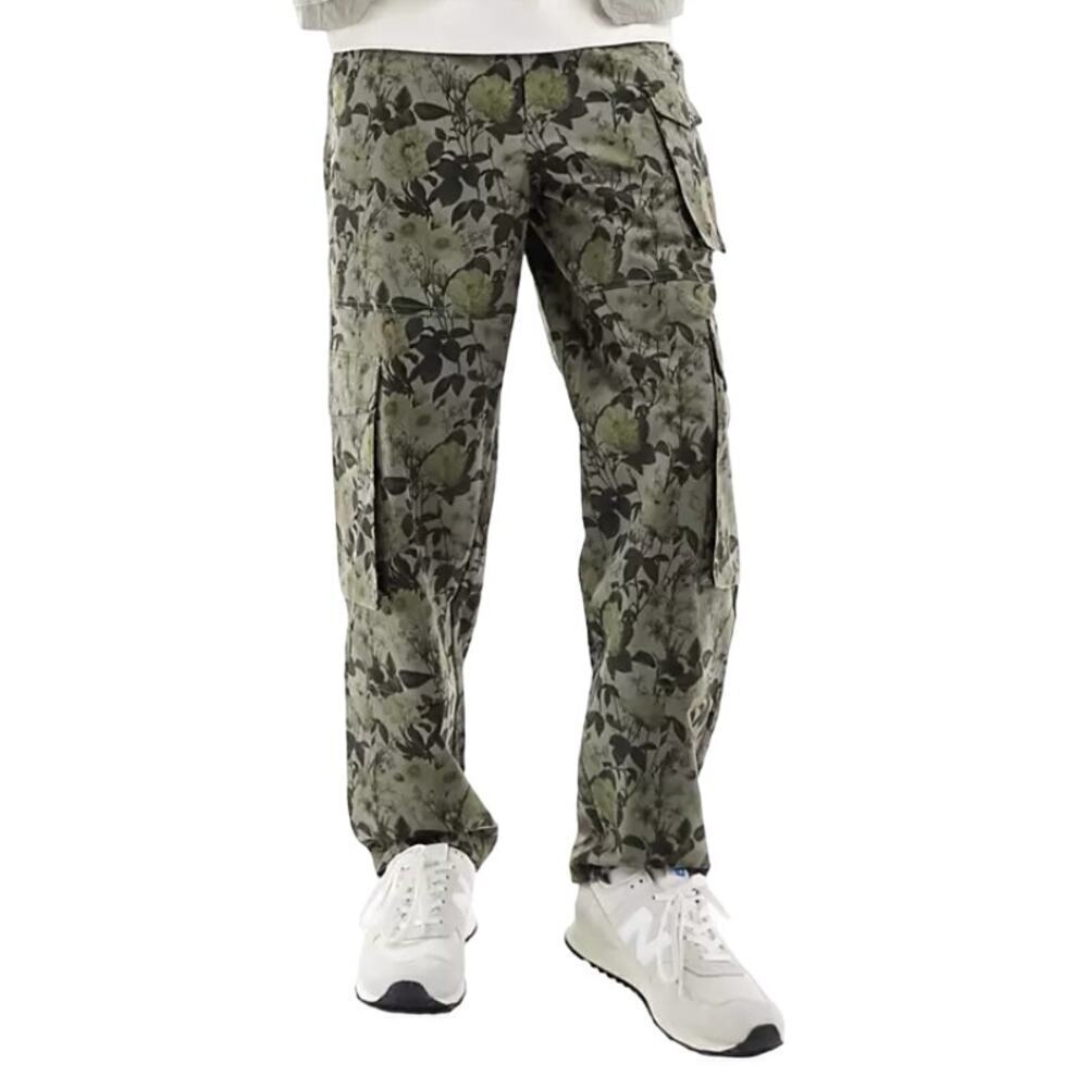 ASOS Design Baggy Printed Floral Cargo Trouser in Sage, Size 32X32​​​​